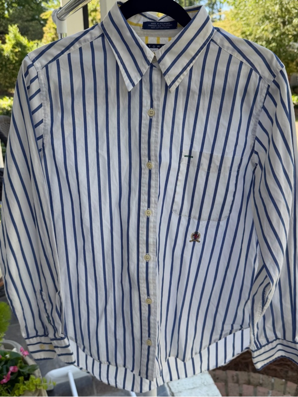 Vintage Tommy Hilfiger White Shirt with Blue Vertical Stripes and Crest